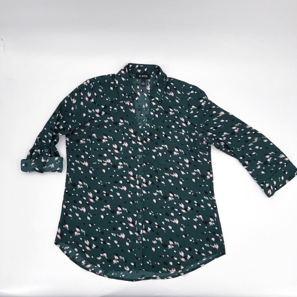 A.Byer Shirt Womens Medium Button Up Green Roll Tab SleeveV-Neck Collared